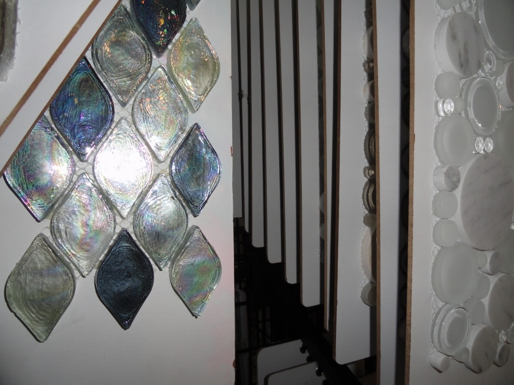 Iridescent diamond-shaped glass tile display