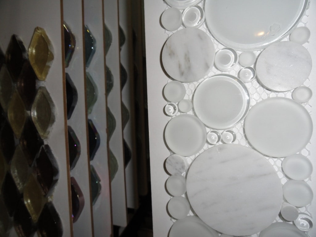 White marble and glass bubble circle mosaic tile closeup