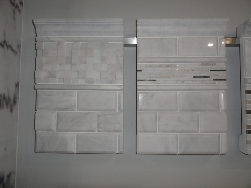 White marble basketweave and subway tile sample boards
